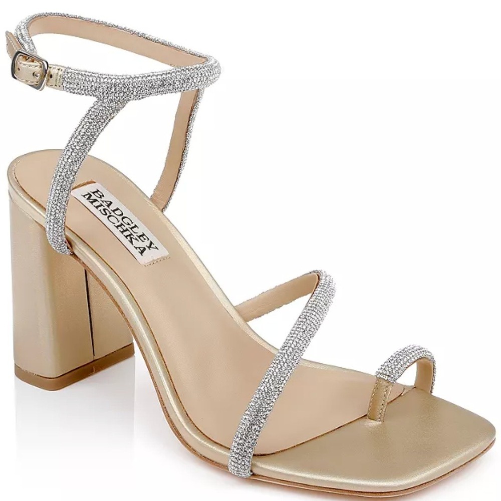 Badgley Mischka Silver Crystal-Strap Gold Block Heel Sandals